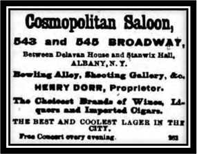 Digital clip of Cosmopolitan Saloon advertisement for “Best and Coolest Lager in the City” from the Albany Daily Evening Times on November 9, 1878, similar to an ad that appeared in the Albany Law School Journal, April 13, 1876